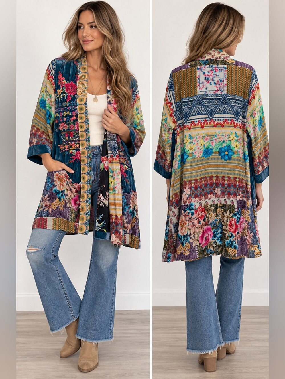 Johnny Was L Velvet Embroidered Patchwork Floral Kimono Jacket Silk Blend